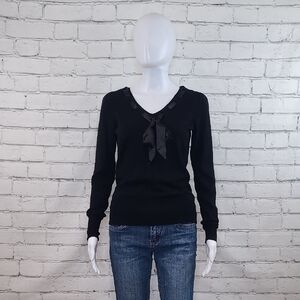 Esprit Luxury Knitwear Fitted Long Sleeve Satin Bow Tie V-Neck Sweater Black